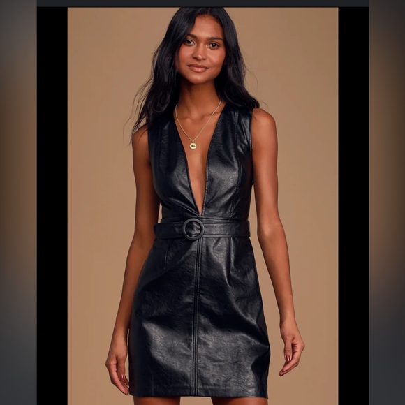 MINKPINK - Black faux leather deep V belted dress- XS- NWT - Picture 1 of 8